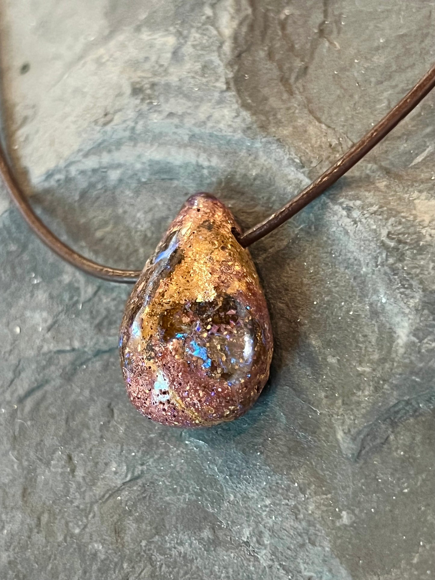 Boulder Opal Leather Cord Unisex Necklace 20”