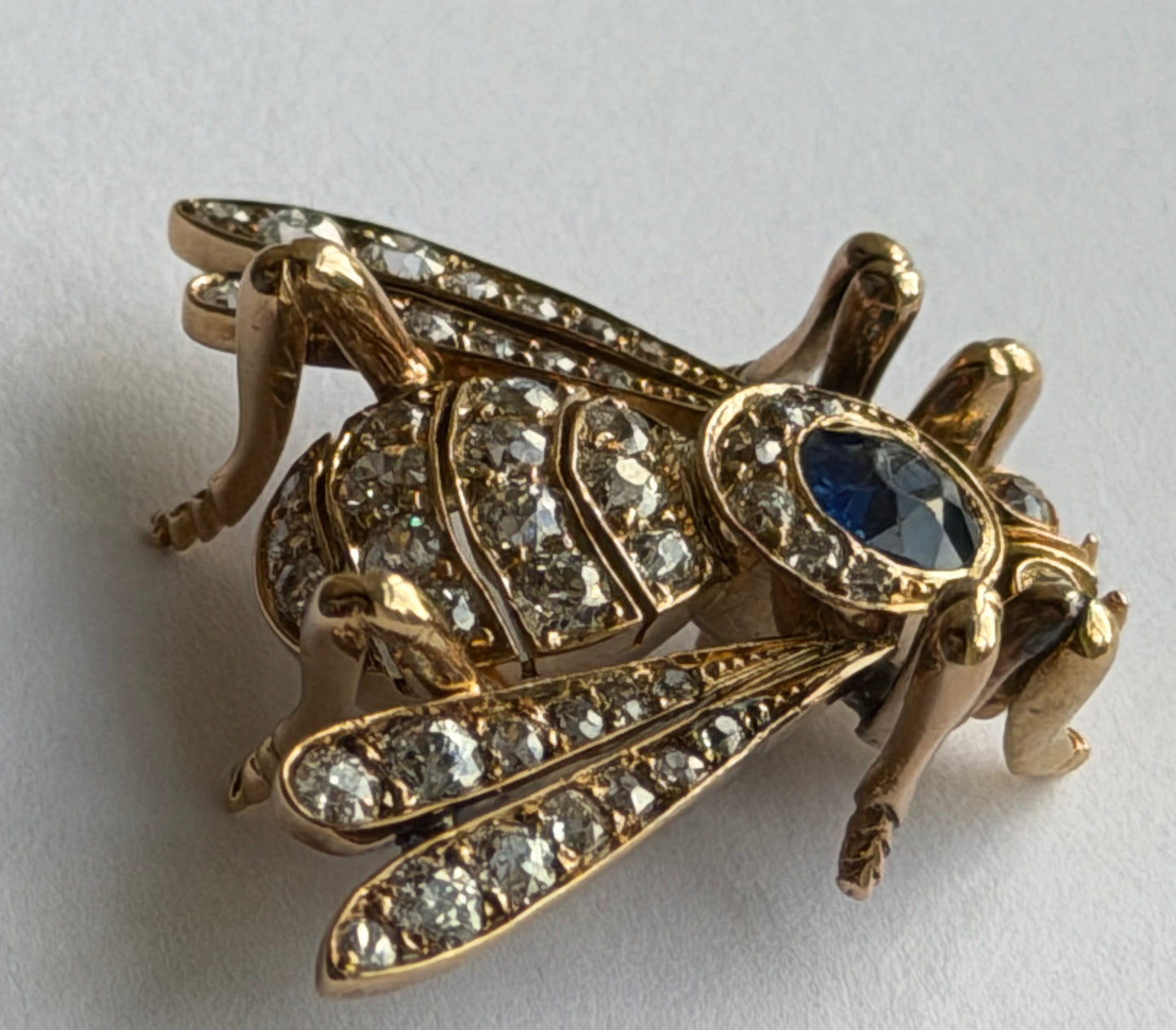 Estate Victorian Etruscan Revival Cicada 18K YG Blue Spinel Mine Cut Diamond Pendant