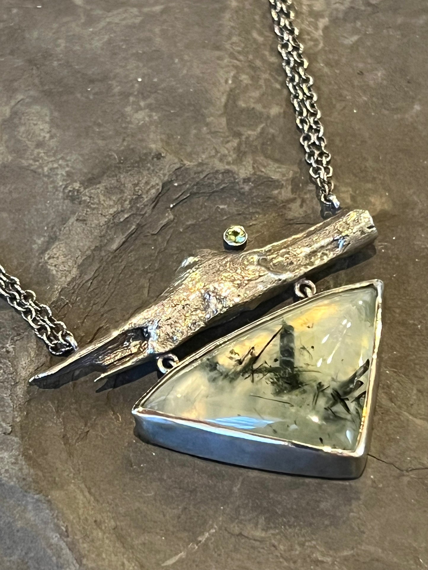 Driftwood Sterling Silver Necklace with Green Epidote in Quartz & Peridot- Cayuga Collection