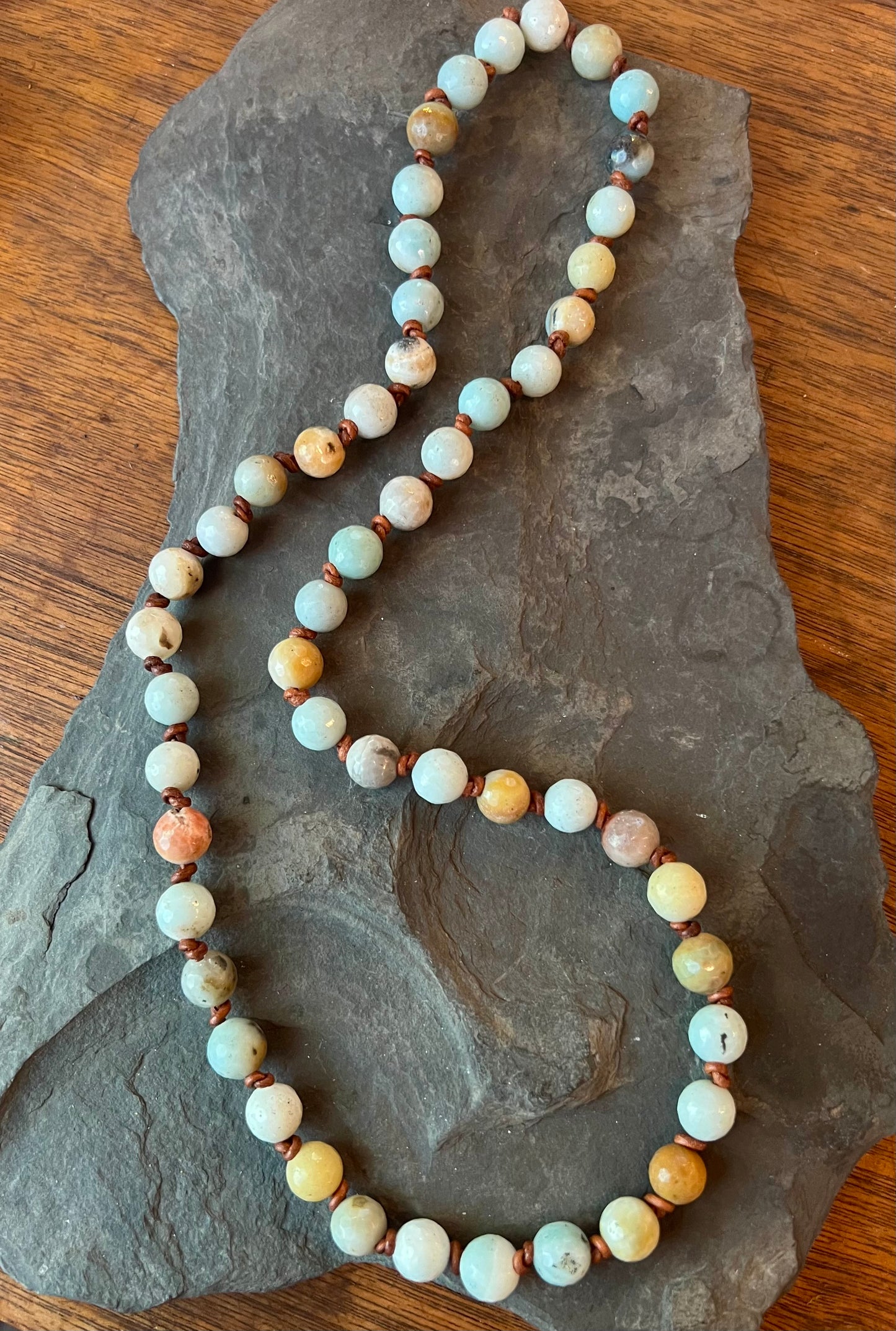 Multicolor Amazonite Faceted Beads on Hand Knotted Leather Necklace 25”