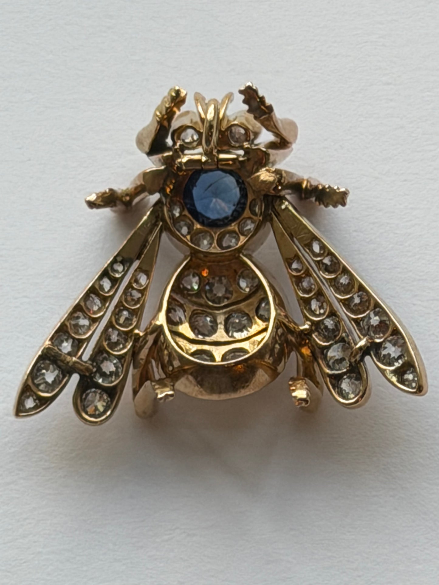 Estate Victorian Etruscan Revival Cicada 18K YG Blue Spinel Mine Cut Diamond Pendant