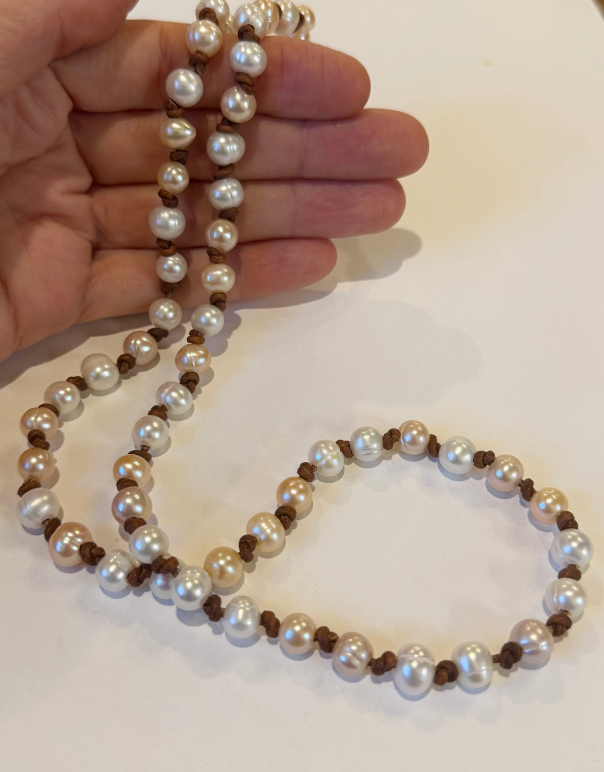 Peach & Cream Freshwater Pearls Knotted on Leather Necklace 32”