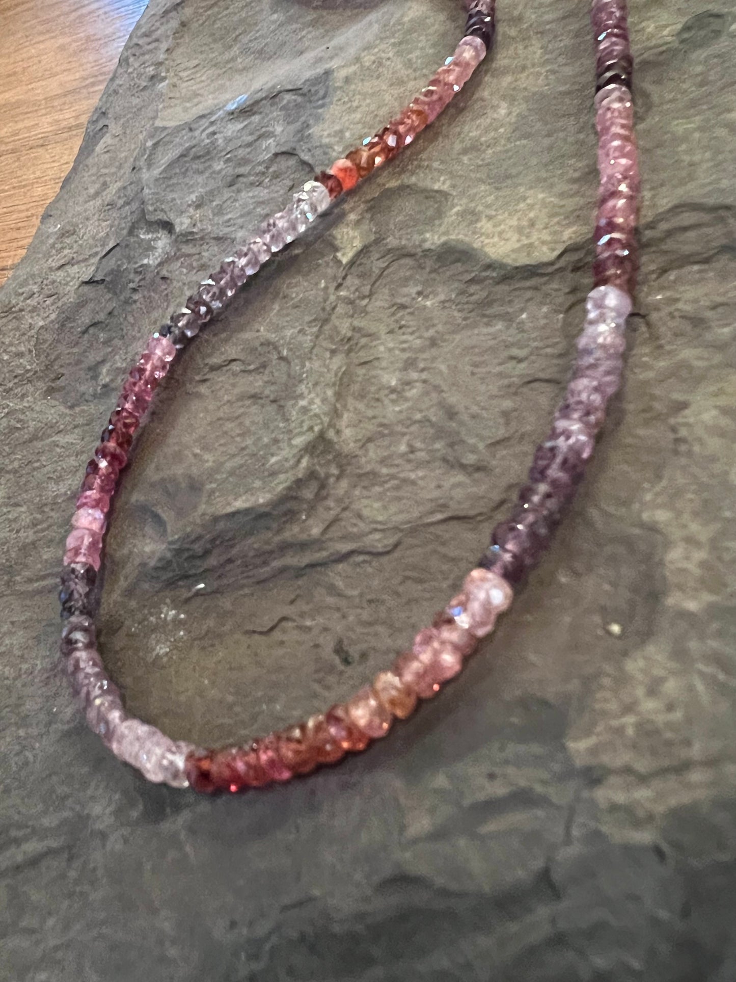 Shades of Spinel Red to Purple faceted 3 mm Rondelle 16” Strand Necklace 14K