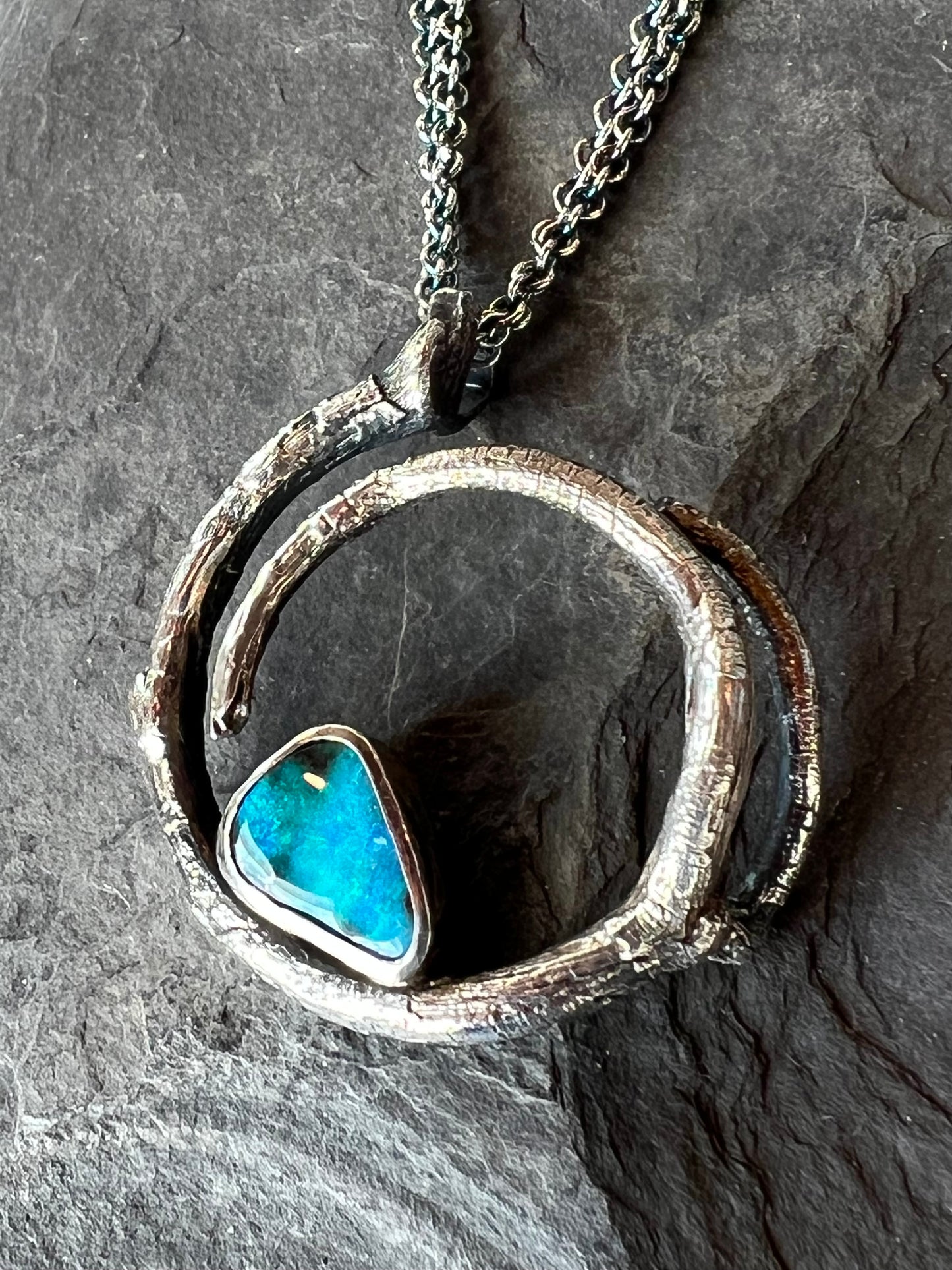 One of a Kind Oxidized Sterling & Australian Boulder Opal Vine Pendant - Cayuga Collection
