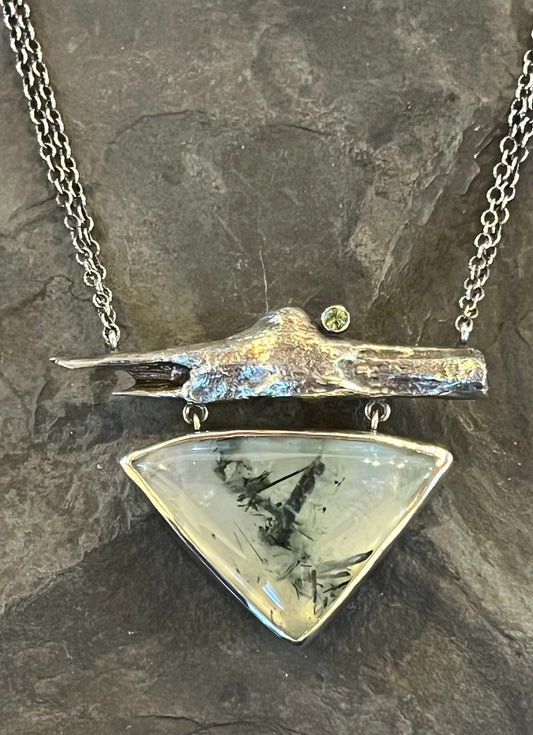 Driftwood Sterling Silver Necklace with Green Epidote in Quartz & Peridot- Cayuga Collection