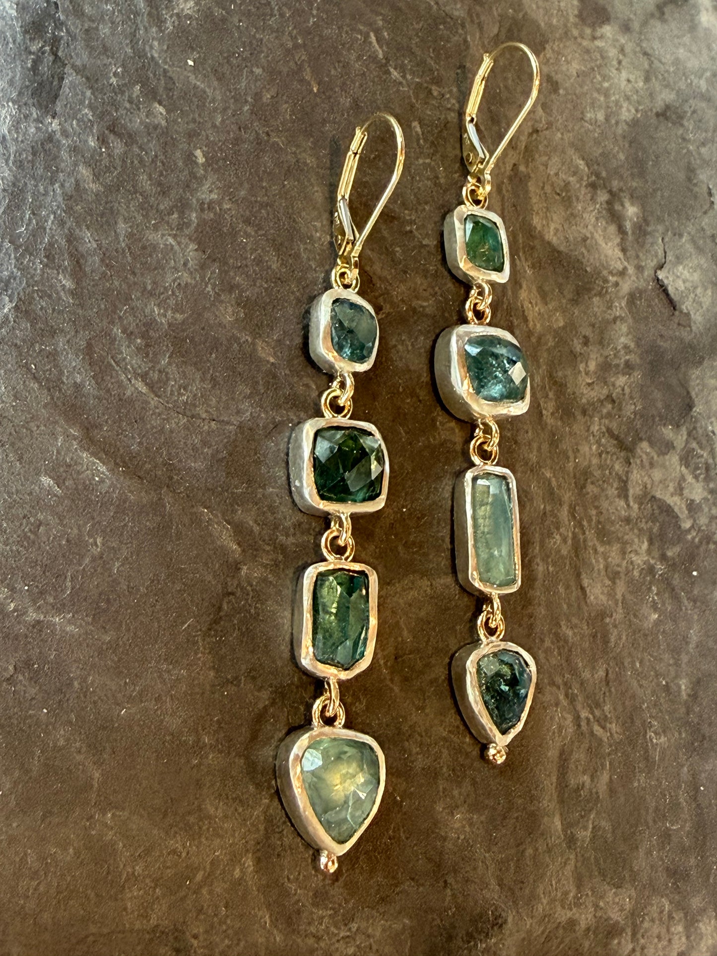 One of a Kind Rose Cut Blue & Green Tourmaline in Sterling & 14K Earrings
