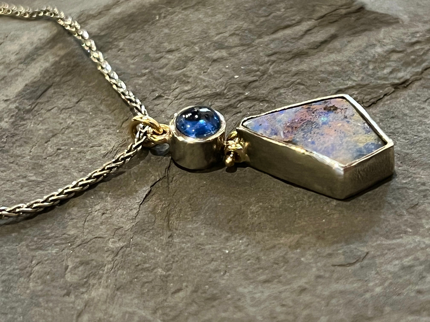 One of a Kind Sterling, 14K, Boulder Opal & Blue Kyanite Hinged Pendant