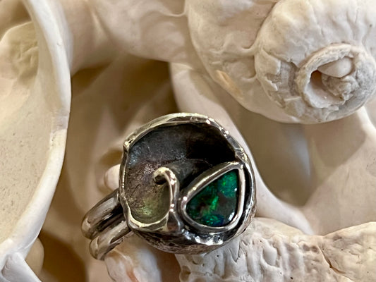 Ocean Inspired Ring in Oxidized Sterling Silver with Boulder Opal - Salt Series One of a Kind