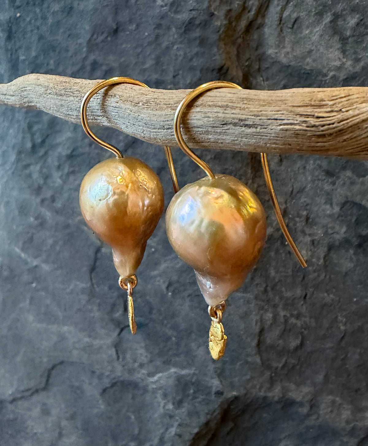 Bronze High Luster Baroque Pearl & 24K Gold Nugget One of a Kind Drop Statement Earrings