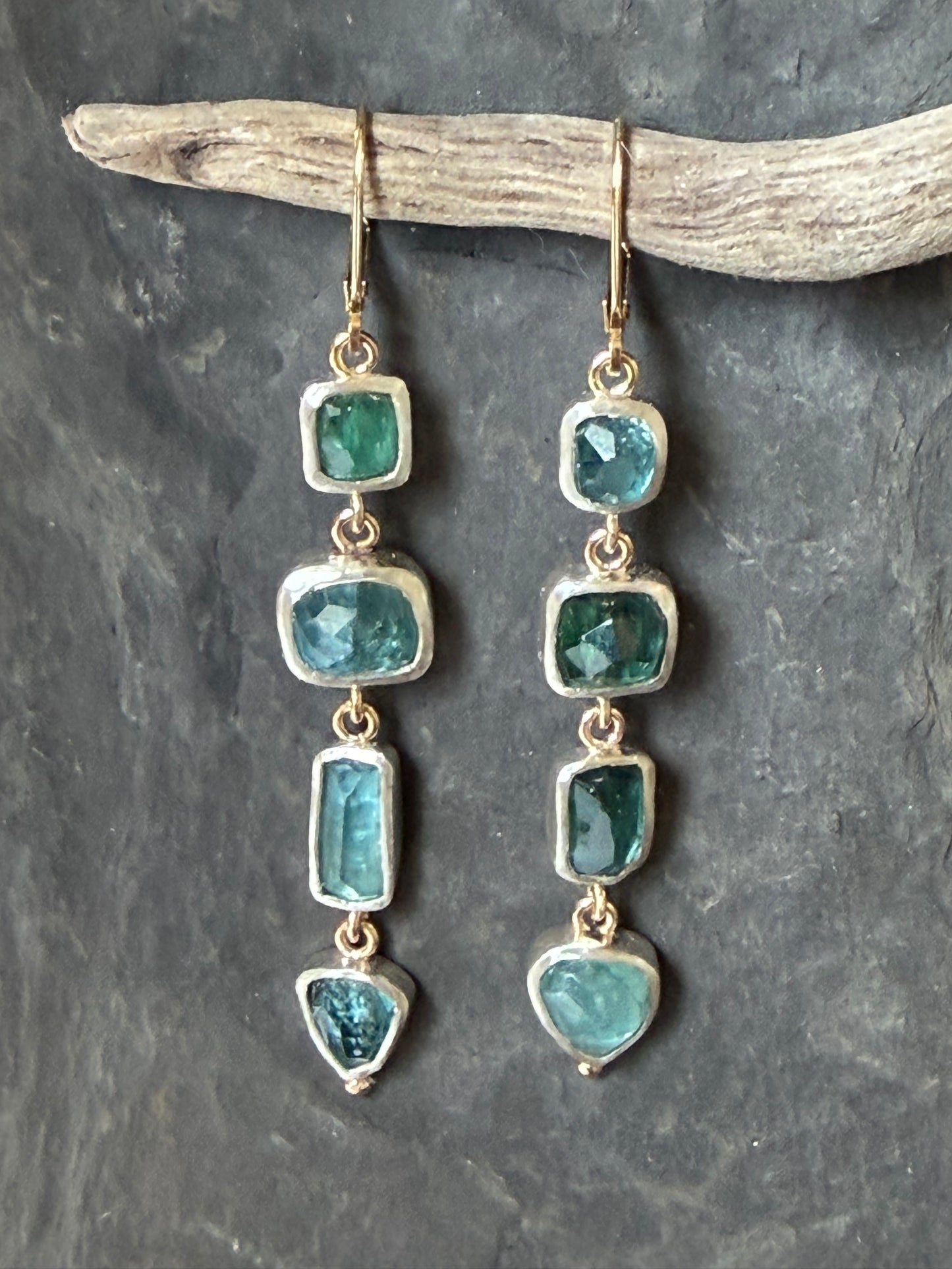 One of a Kind Rose Cut Blue & Green Tourmaline in Sterling & 14K Earrings
