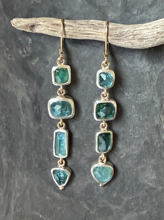One of a Kind Rose Cut Blue & Green Tourmaline in Sterling & 14K Earrings
