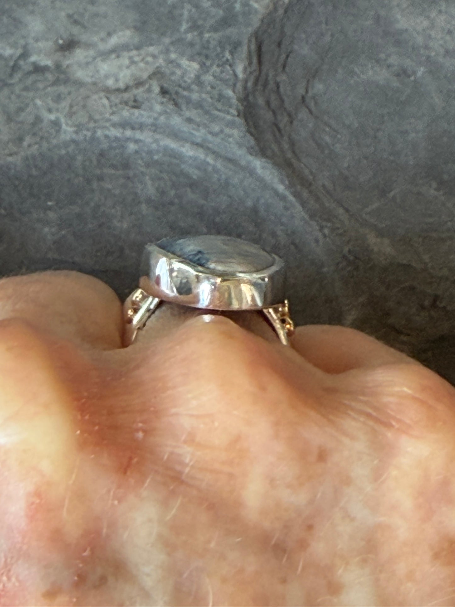 One of a Kind Grey Feather Jasper Ring in Sterling & 14K