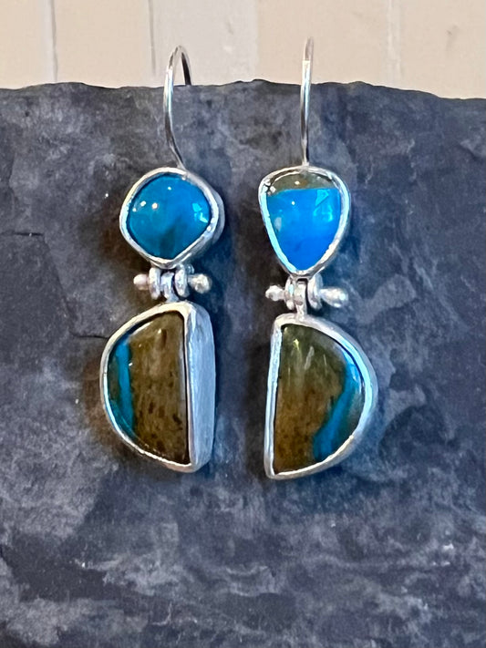 Blue Opal Crescent Hinged Sterling One of a Kind Dangle Earrings