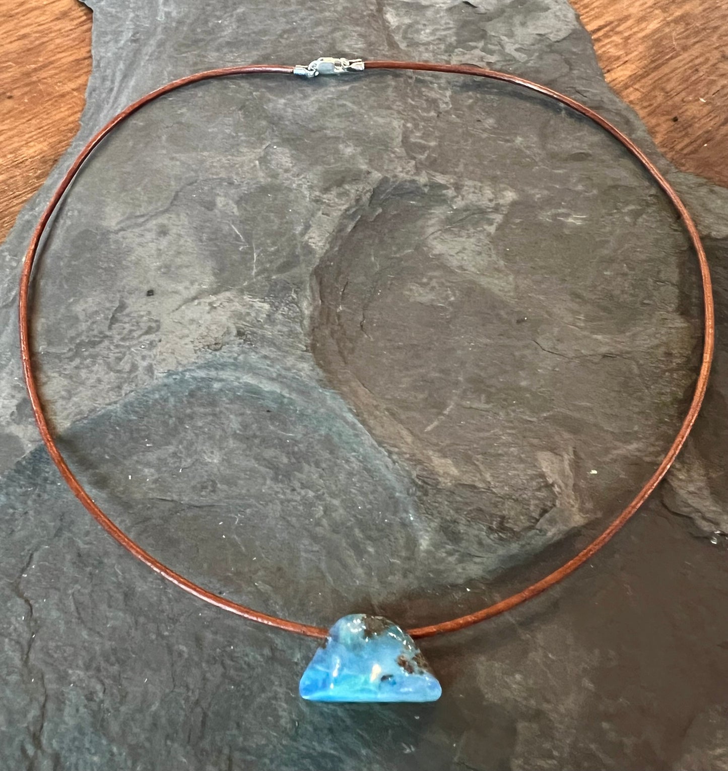 Blue Boulder Opal Leather Choker One of a Kind Necklace 16”