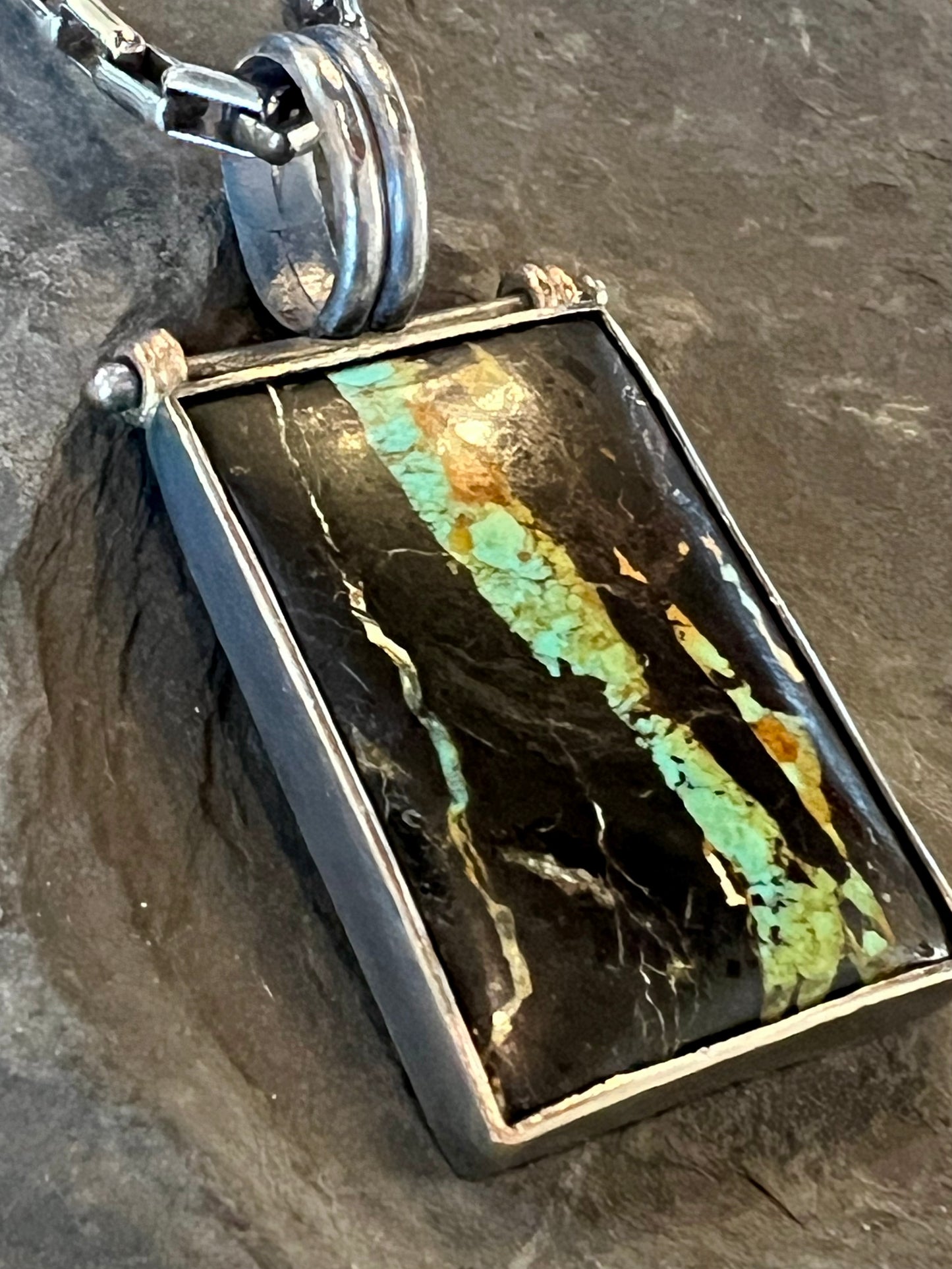 Black Jack Turquoise in distressed oxidized Sterling Silver & 14K Gold Hinged One of a Kind Unisex Pendant