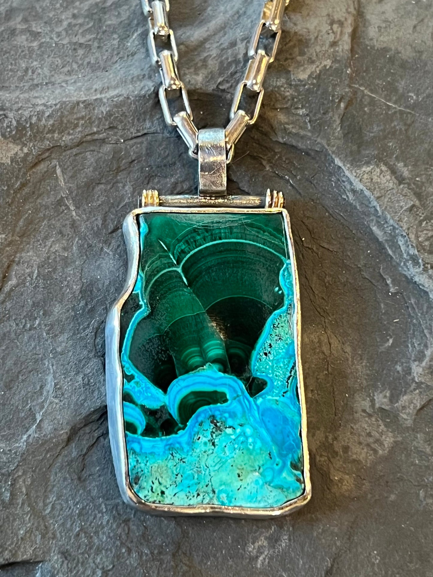 Azure-Malachite Hinged Unisex Necklace Sterling 14K - One of a Kind