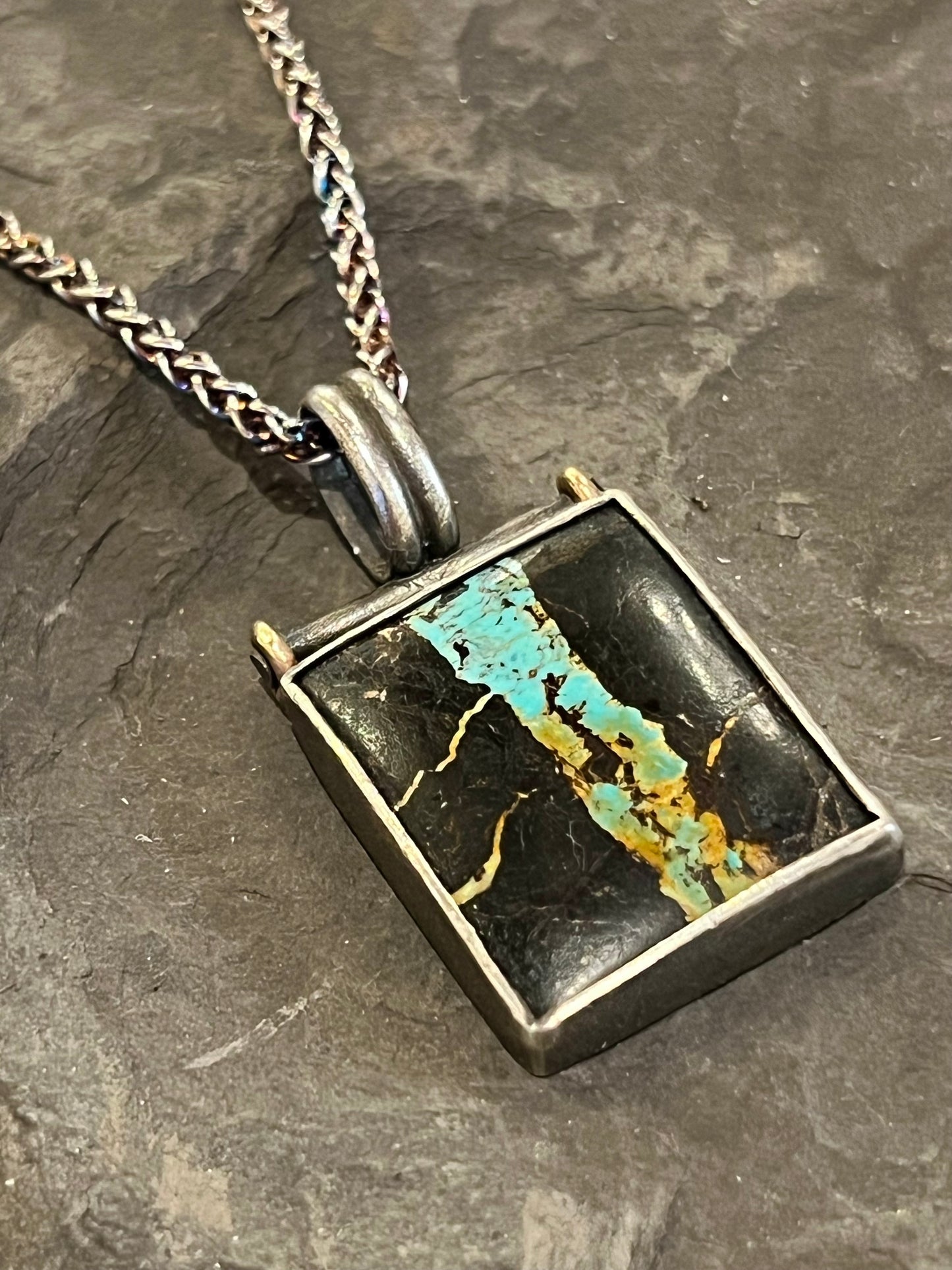 Black Jack Turquoise Sterling & 14K Hinged One of a Kind Pendant