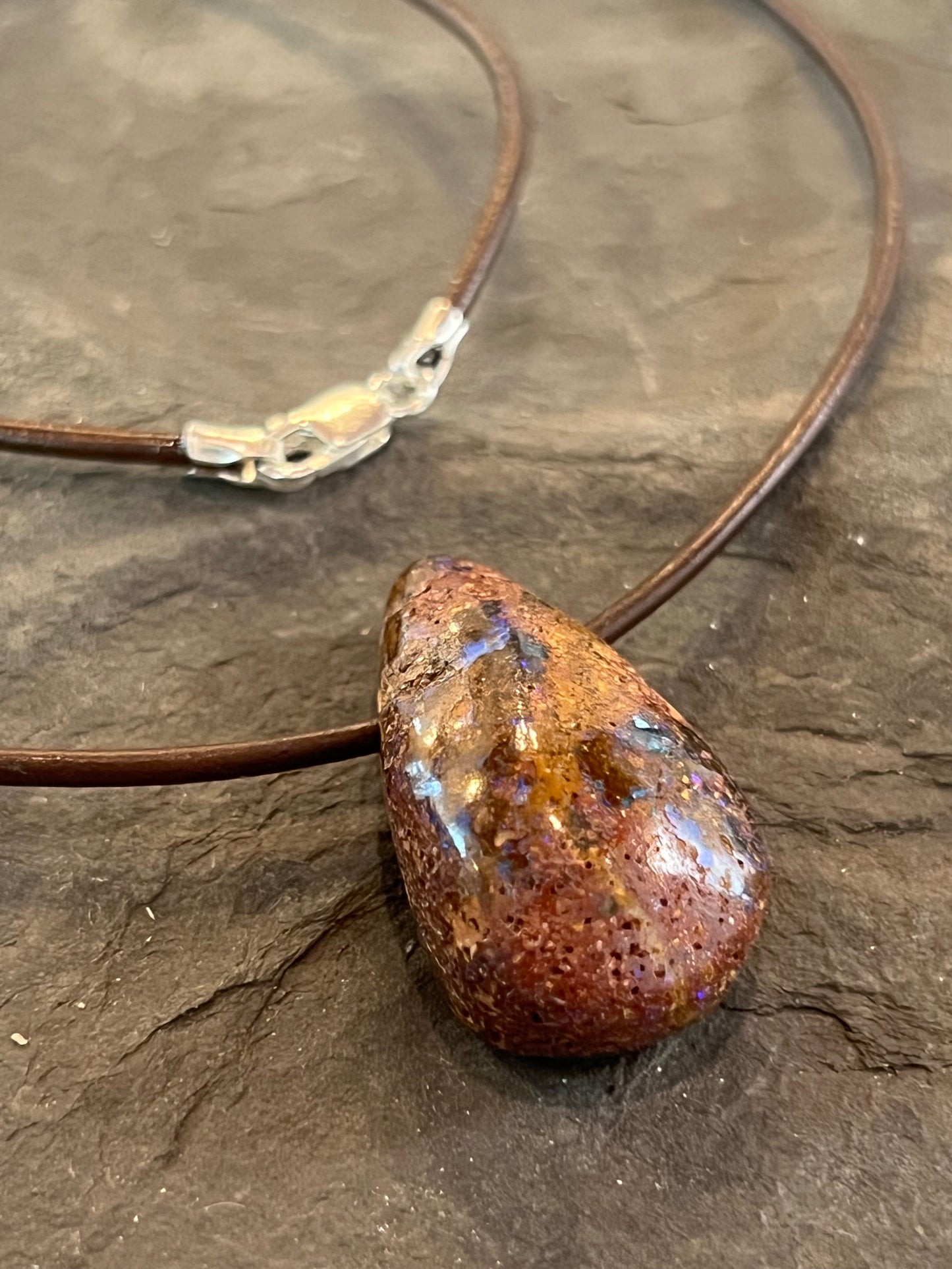 Boulder Opal Leather Cord Unisex Necklace 20”