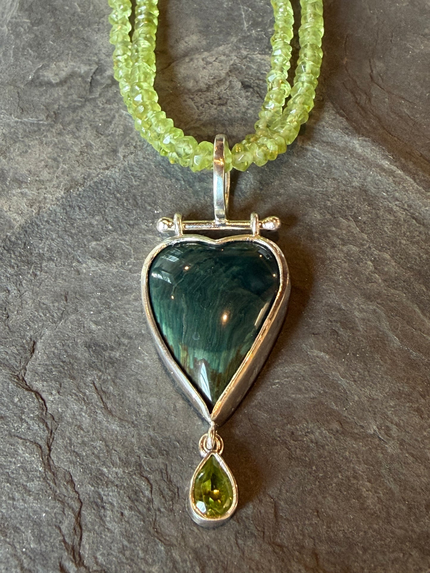 One of a Kind Sterling Larsonite Peridot Crooked Little Heart Necklace