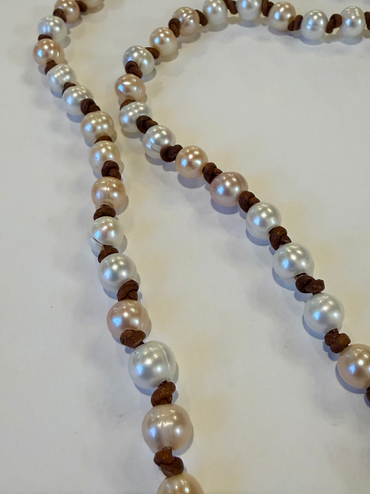 Peach & Cream Freshwater Pearls Knotted on Leather Necklace 32”