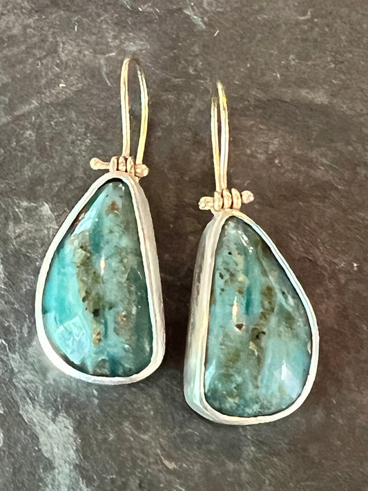 Blue Peruvian Opal Hinged Sterling Silver & 14K Drop Earrings- One of a Kind