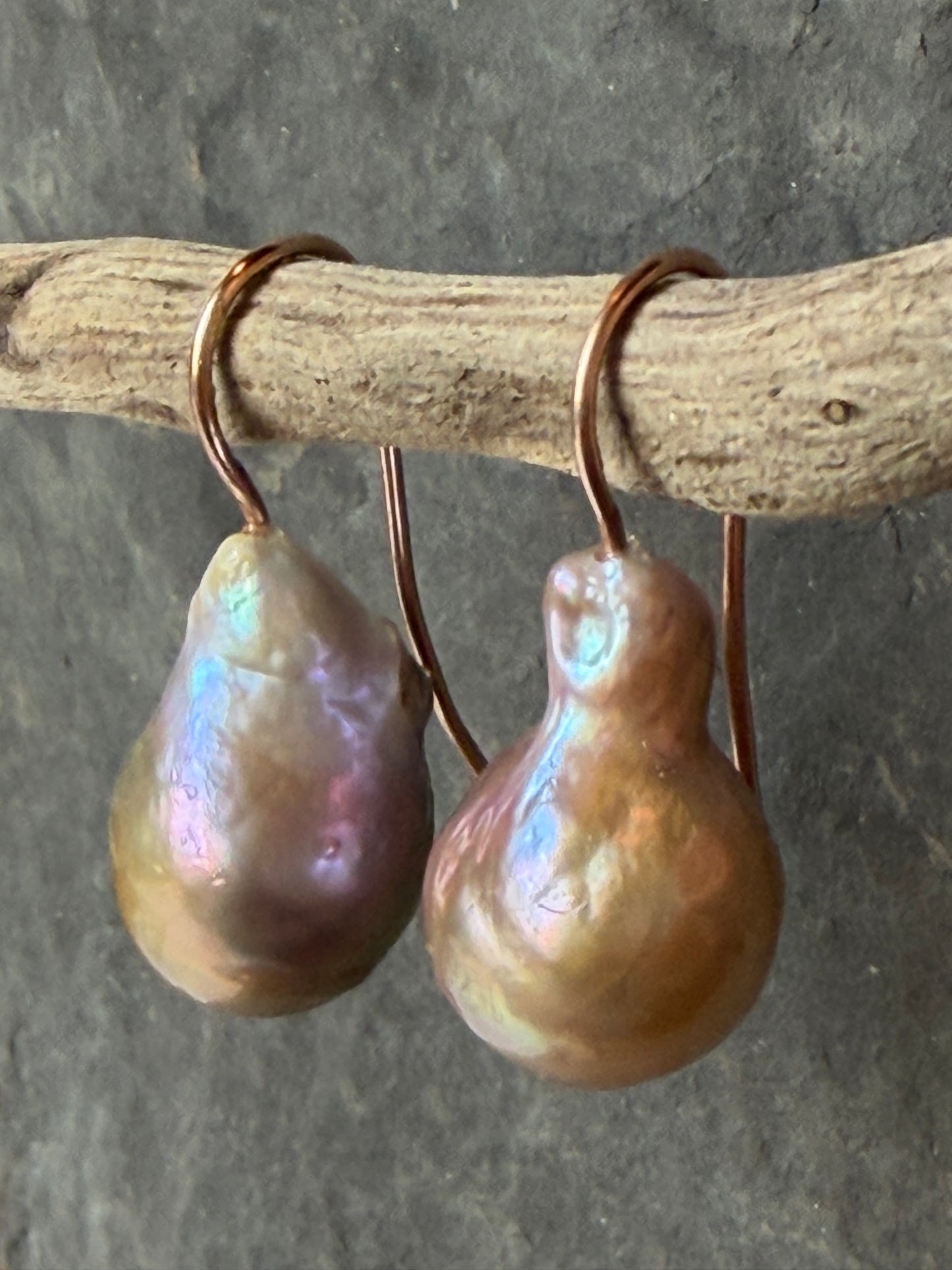 One of a Kind Mauve Bronze Baroque Pearl Minimalist Drop Earrings 14K Rose Gold