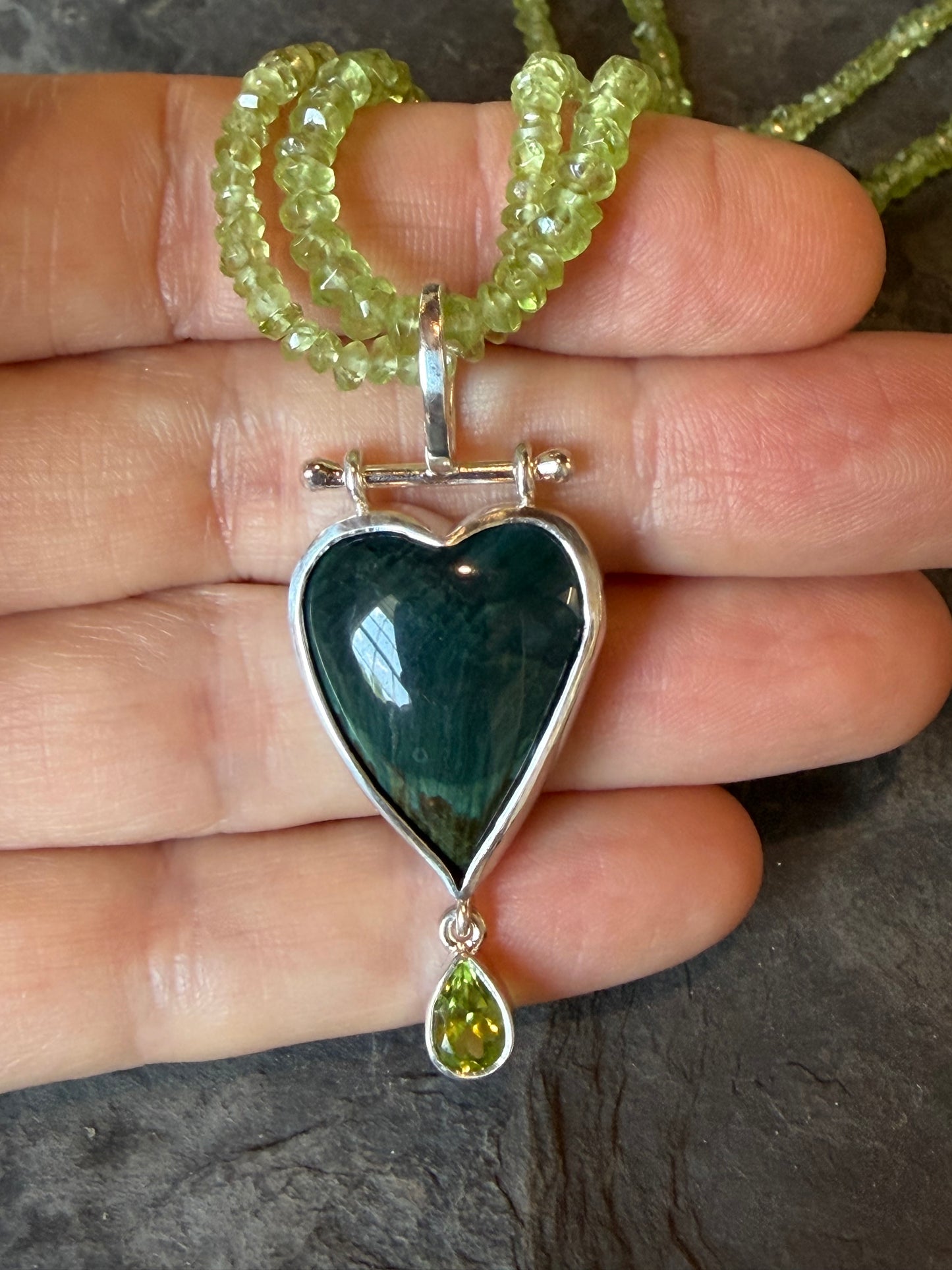 One of a Kind Sterling Larsonite Peridot Crooked Little Heart Necklace