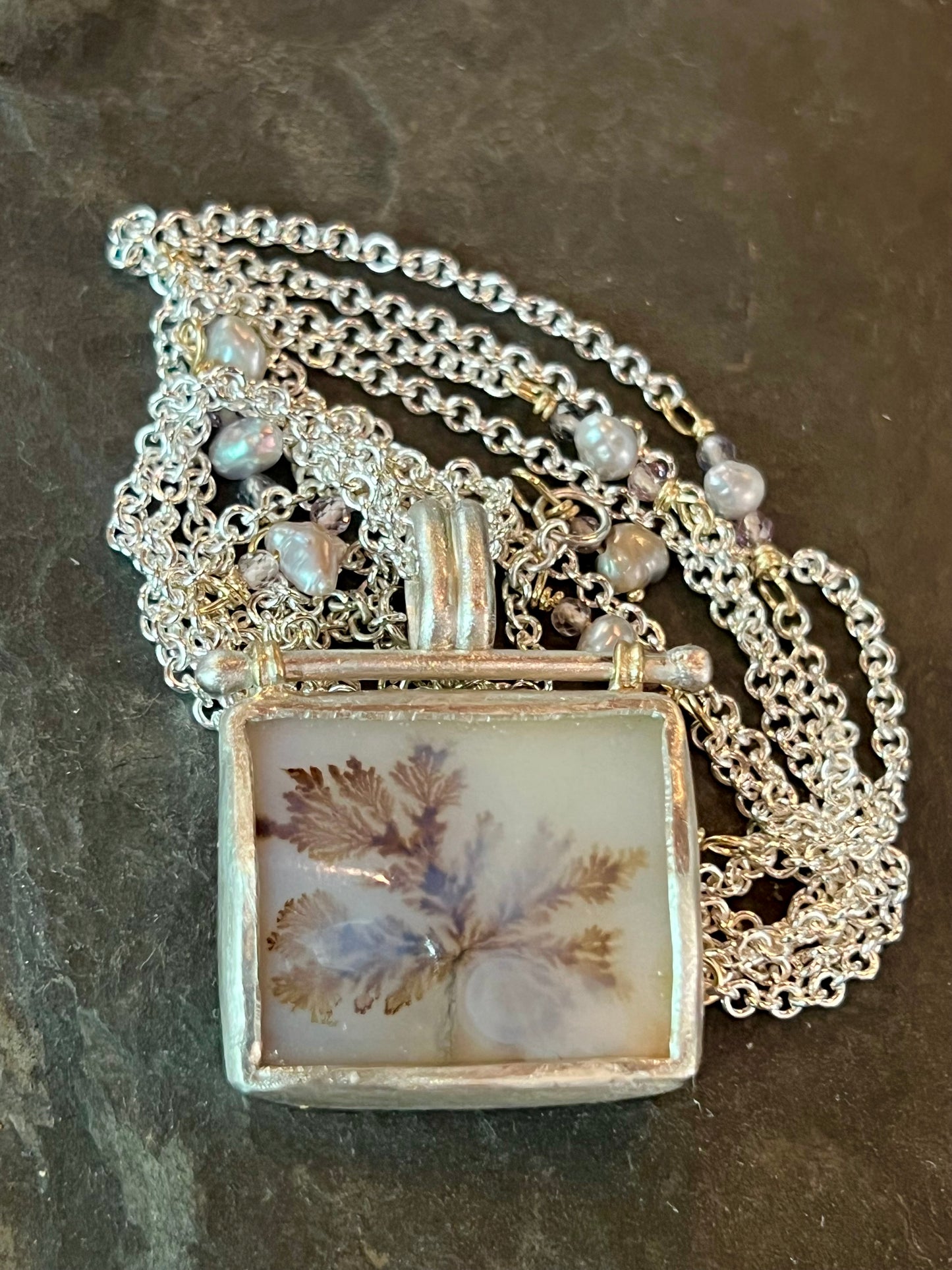 One of a Kind Dendritic Agate Hinged Sterling Silver Necklace with 14k Details, Spinel & Freshwater Pearl