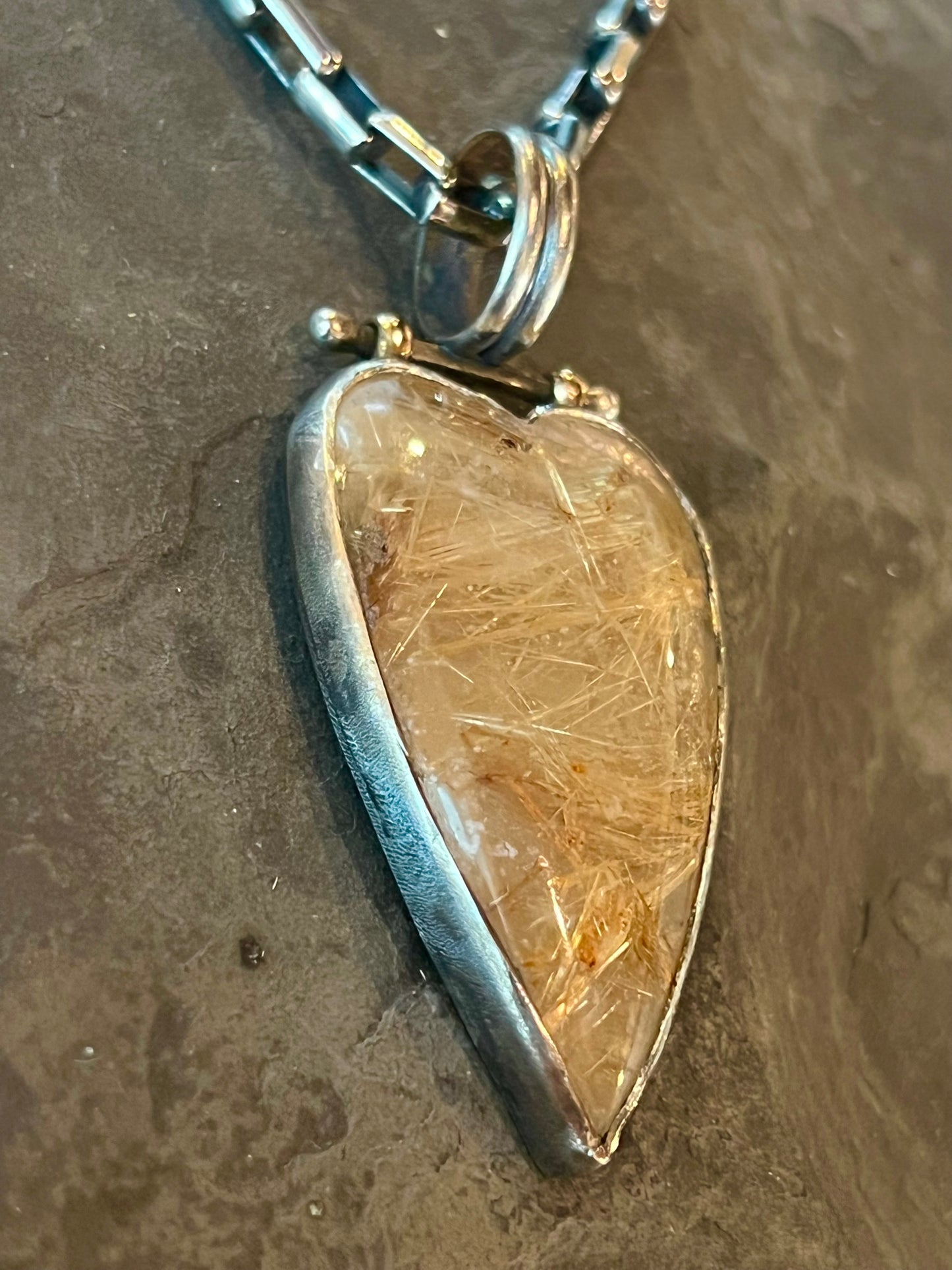 One of a Kind Golden Rutilated Quartz Sterling Silver & 14K Hinged Heart Necklace- Crooked Little Heart