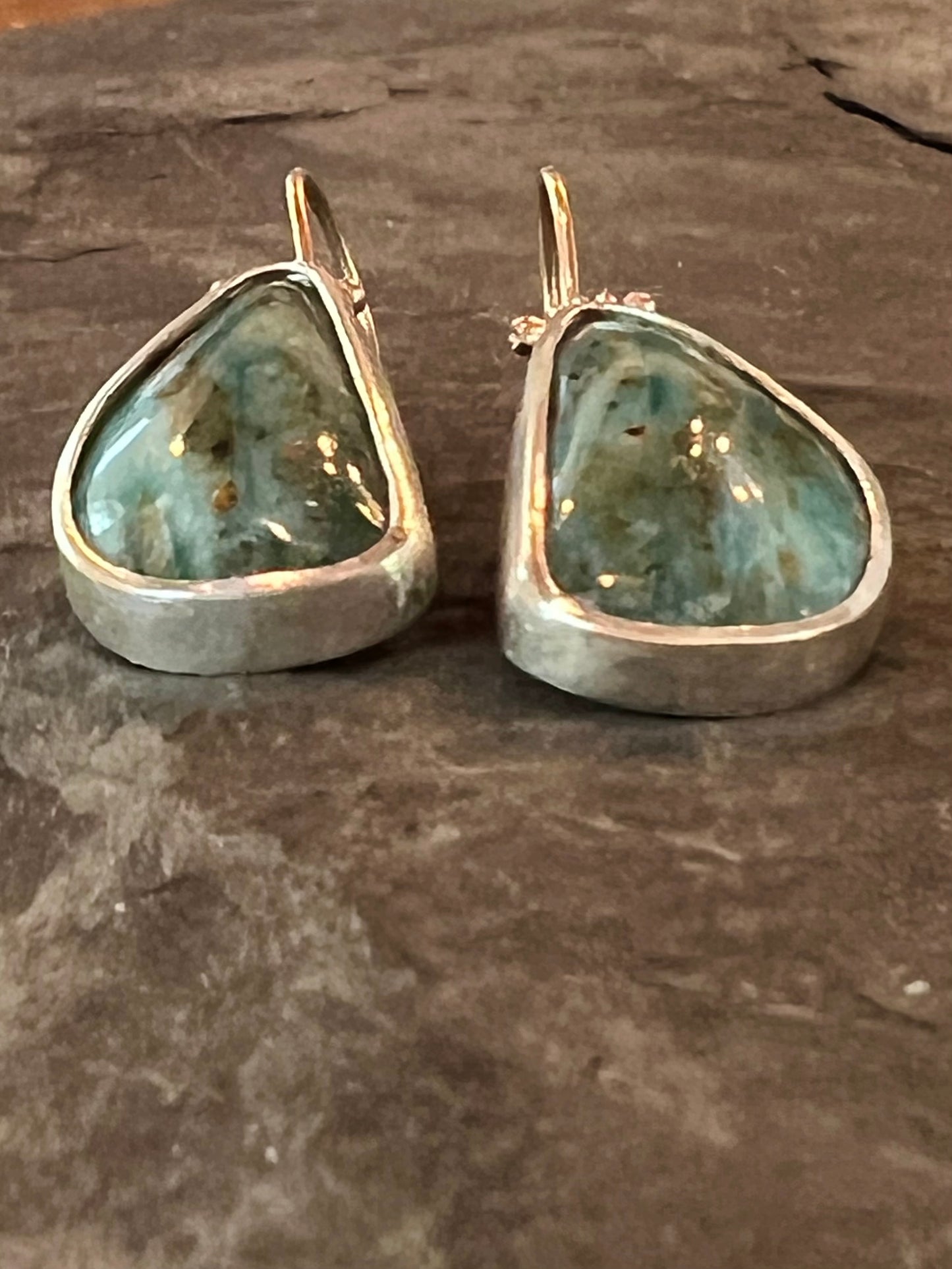 Blue Peruvian Opal Hinged Sterling Silver & 14K Drop Earrings- One of a Kind