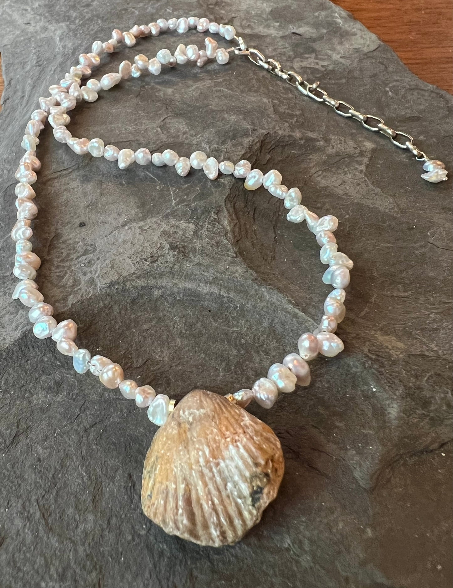 Clam Fossil & High Luster Fresh Water Pearl One of a Kind Necklace