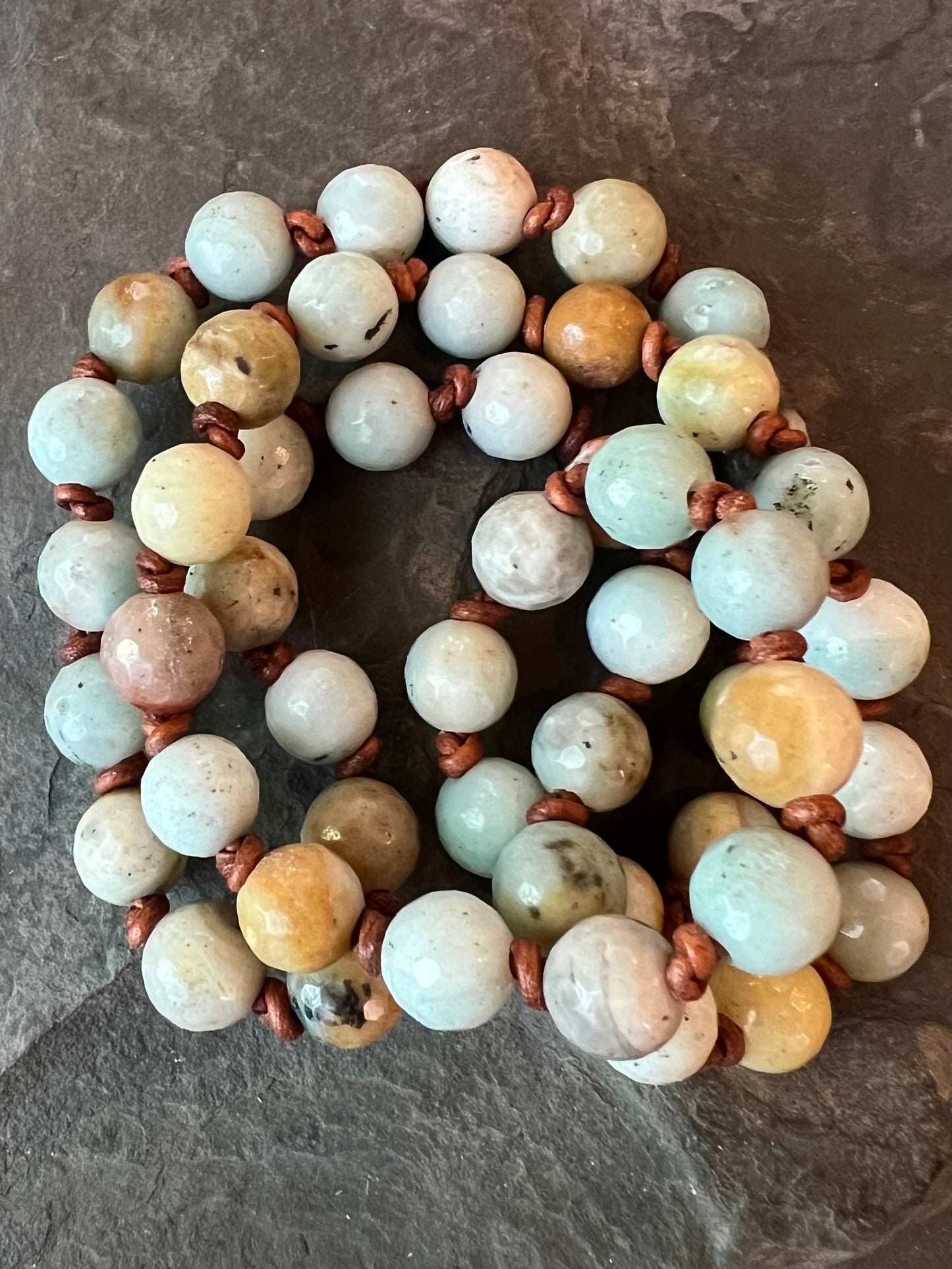 Multicolor Amazonite Faceted Beads on Hand Knotted Leather Necklace 25”