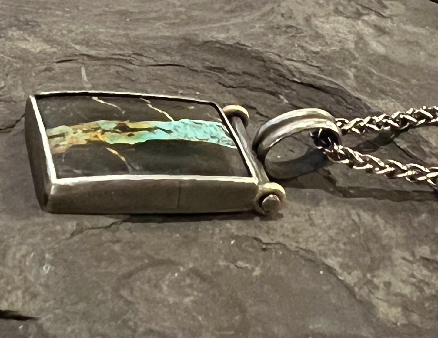 Black Jack Turquoise Sterling & 14K Hinged One of a Kind Pendant