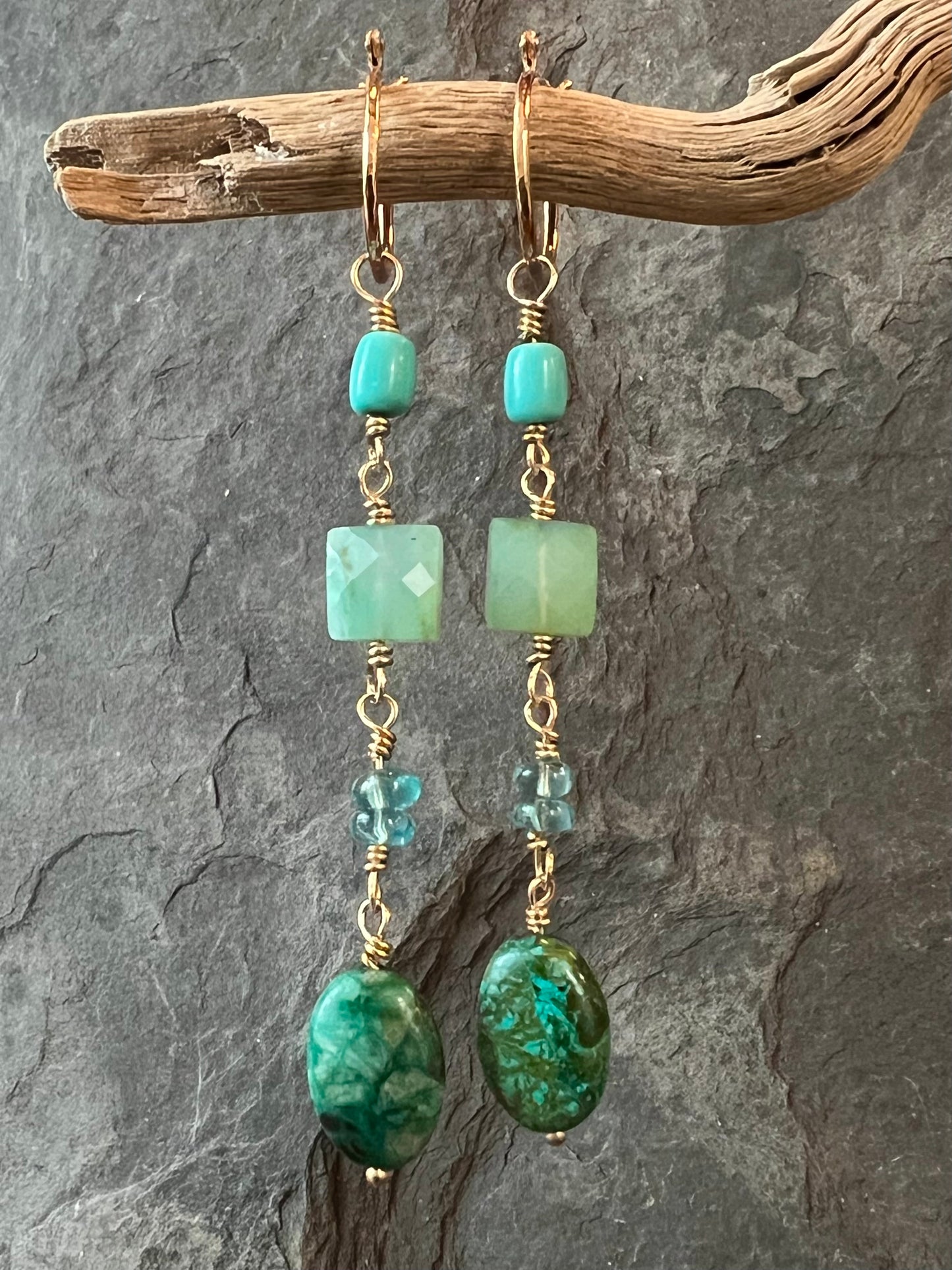 14K Mini Hoop with Long Green Gemmy Dangle - One of a Kind Earrings