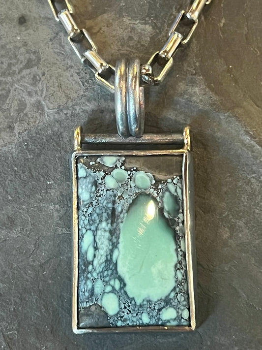Star Fox Variscite in distressed oxidized Sterling Silver & 14K Gold Hinged One of a Kind Unisex Pendant