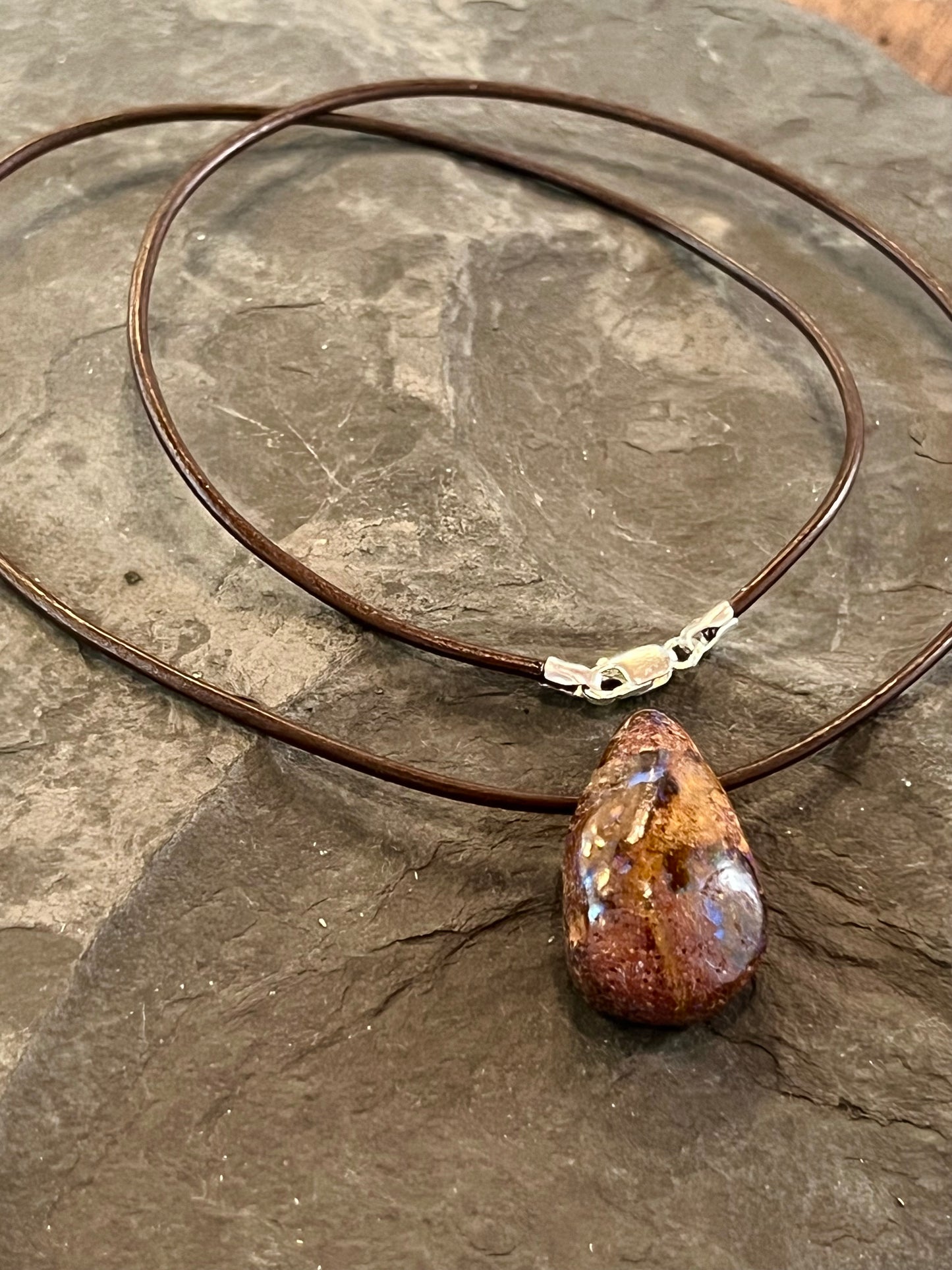 Boulder Opal Leather Cord Unisex Necklace 20”