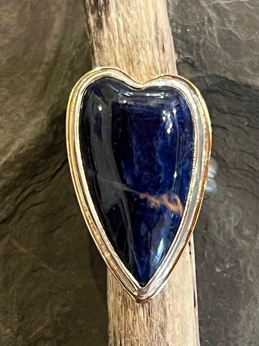 Navy Blue Sodalite Crooked Little Heart Ring in Sterling silver & 14K - One of a Kind