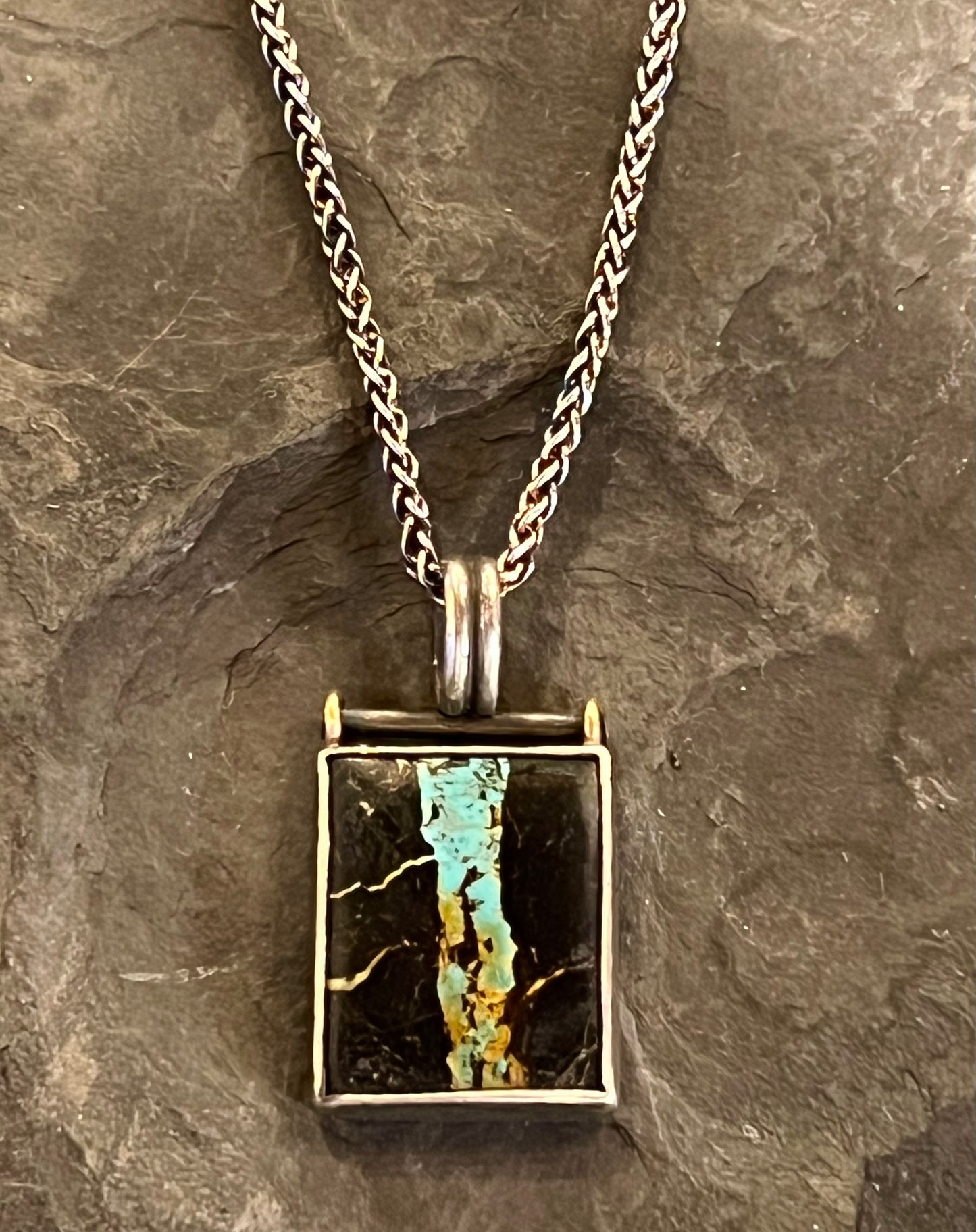 Black Jack Turquoise Sterling & 14K Hinged One of a Kind Pendant