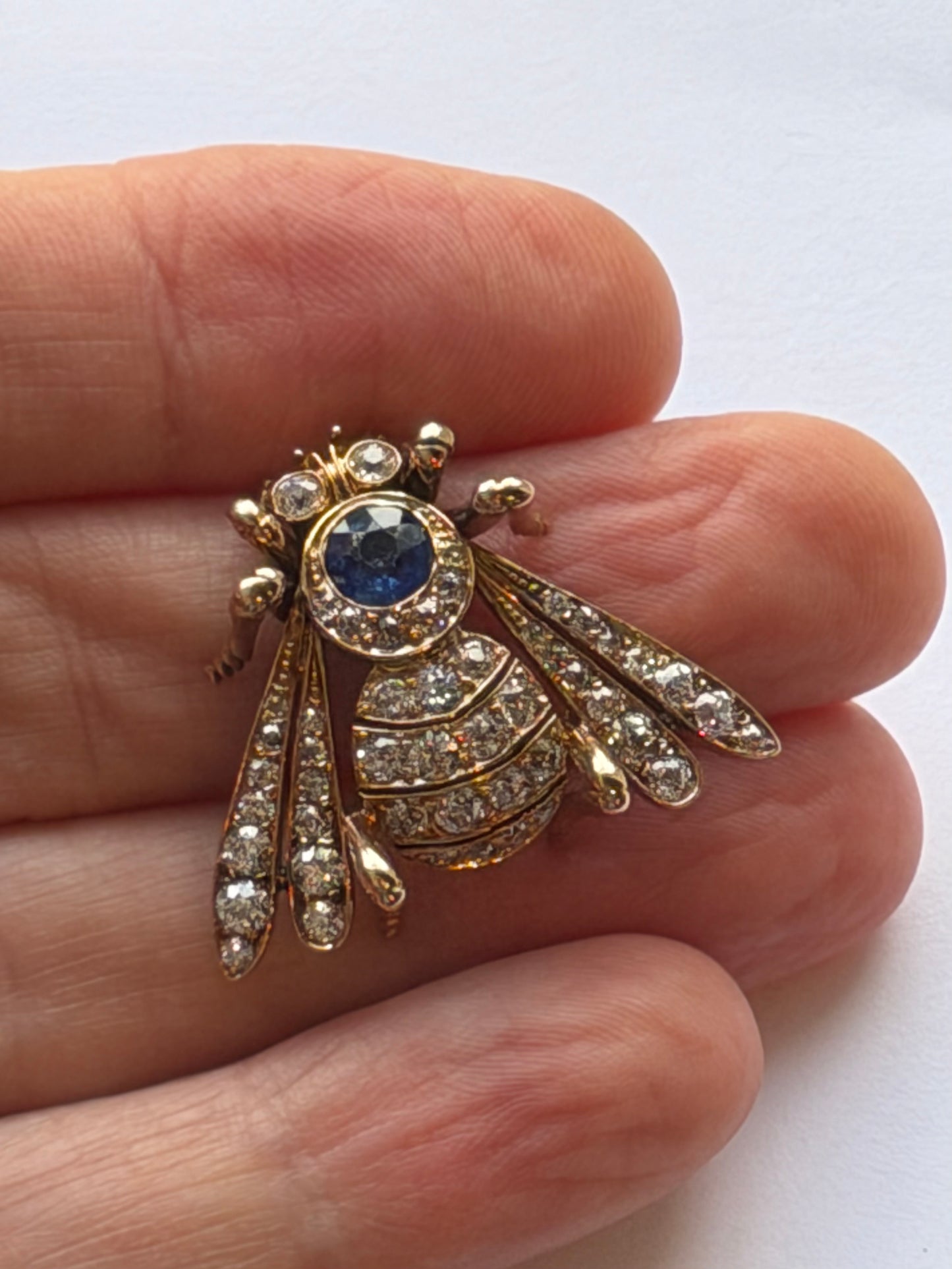 Estate Victorian Etruscan Revival Cicada 18K YG Blue Spinel Mine Cut Diamond Pendant