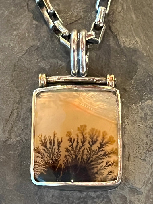 Oxidized Sterling Silver Hinged Pendant with Dendritic Agate & 14K Rose Gold- One of a Kind