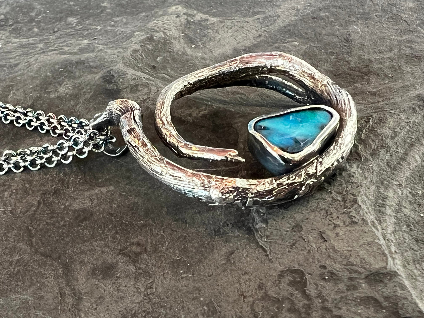One of a Kind Oxidized Sterling & Australian Boulder Opal Vine Pendant - Cayuga Collection