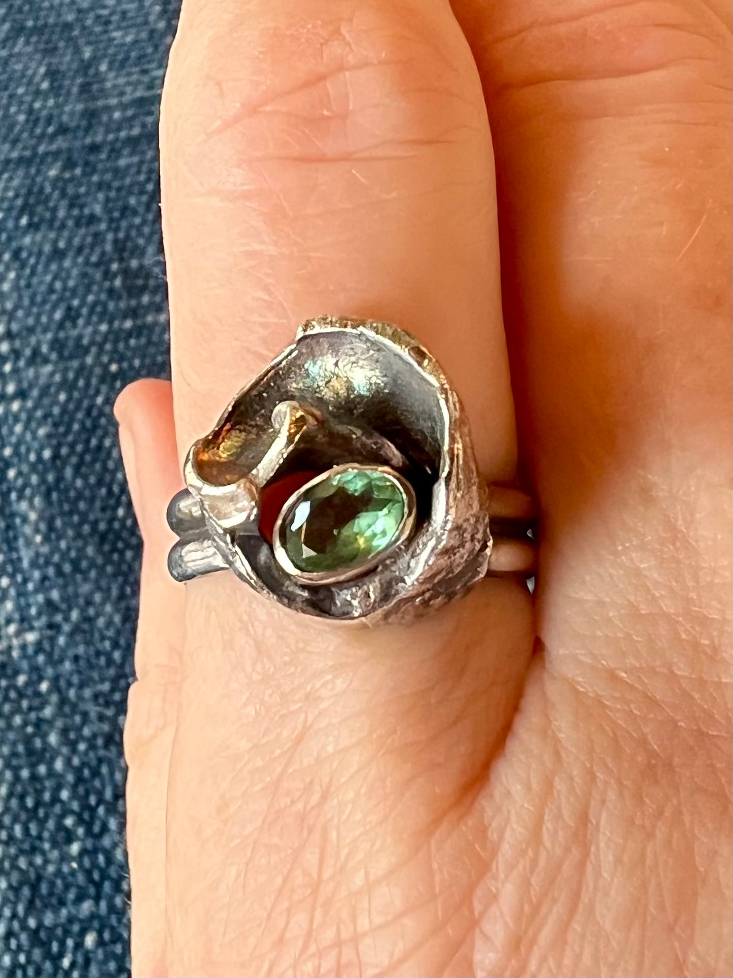 Oxidized Sterling Silver Conch Shell Fragment Ring with Misty Green Tourmaline - Salt Series - One of a Kind