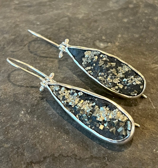 Pyrite in Slate Hinged Teardrop Sterling One of a Kind Earrings