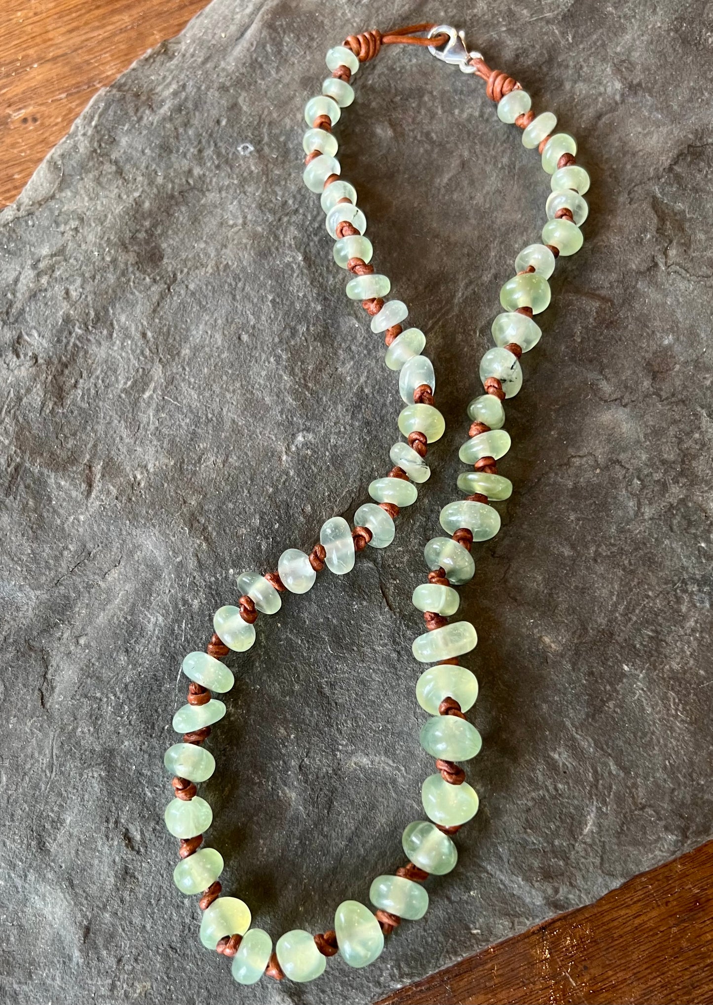 Misty Green Prehnite Knotted on Leather Unisex Necklace 19”