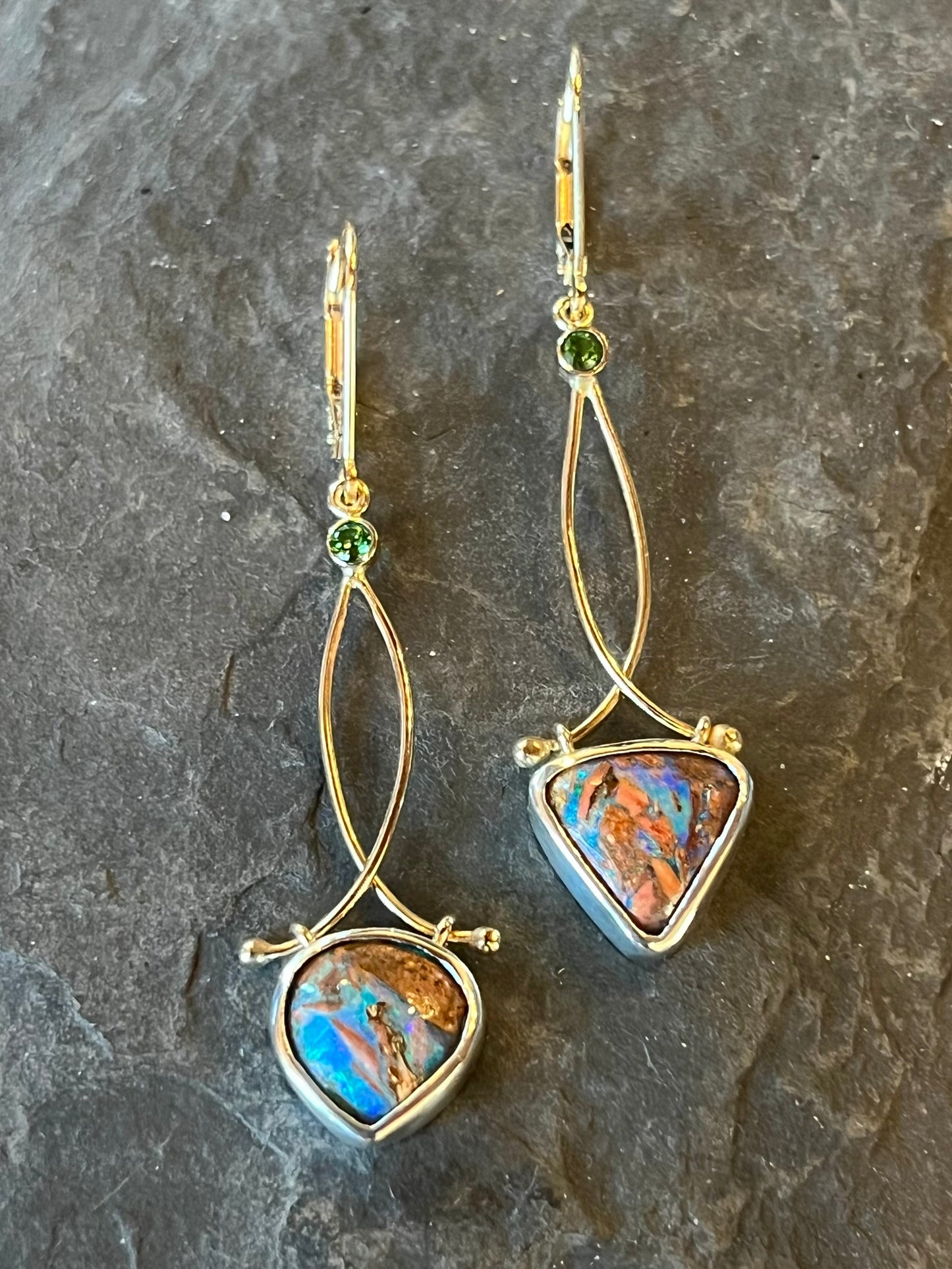 Hinged 14K Dangle Earrings with Australian Pipe Opal & Tsavorite- One of a Kind