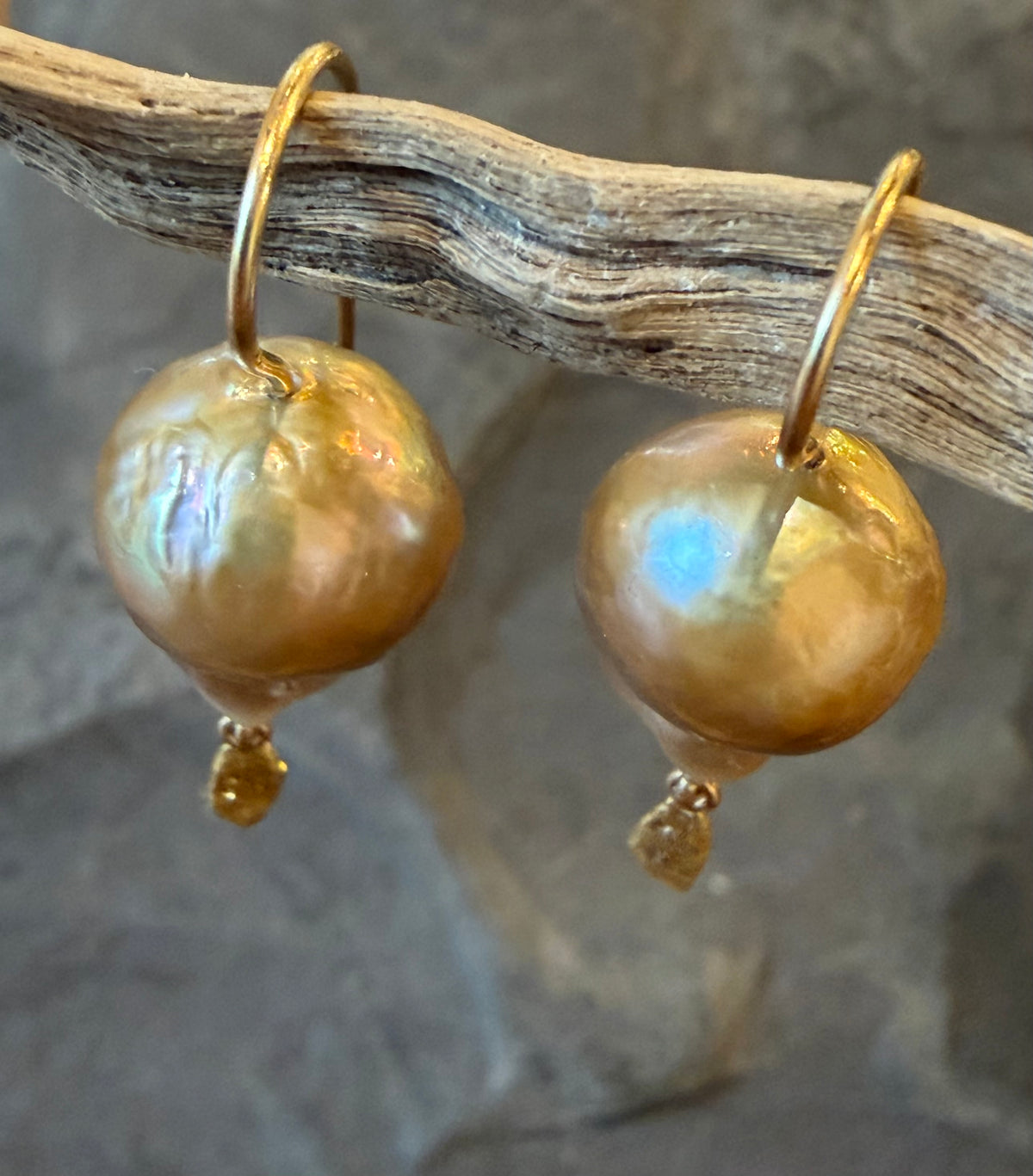 Bronze High Luster Baroque Pearl & 24K Gold Nugget One of a Kind Drop Statement Earrings