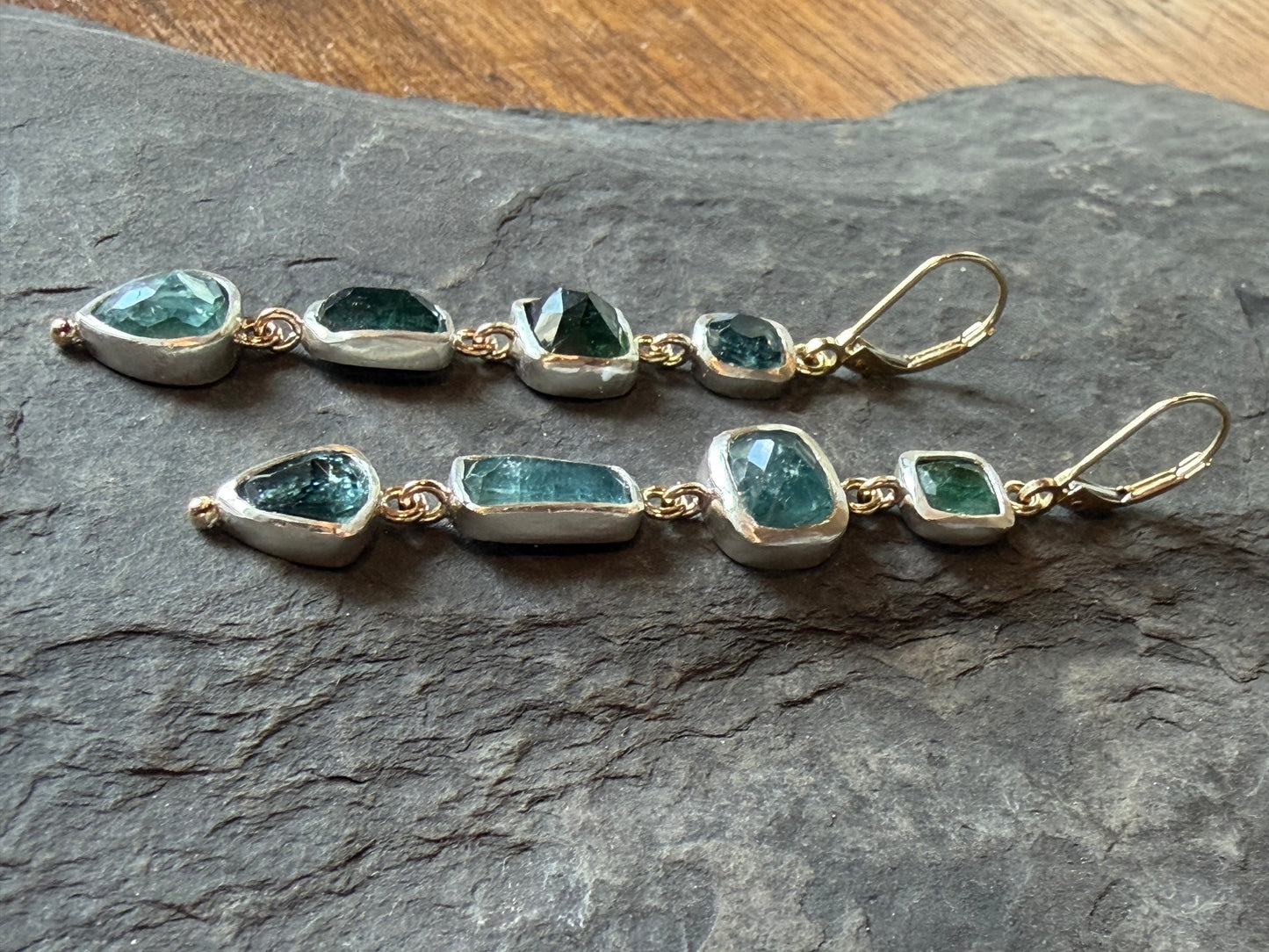 One of a Kind Rose Cut Blue & Green Tourmaline in Sterling & 14K Earrings