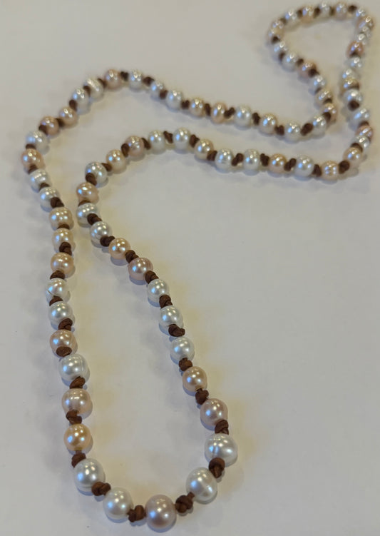 Peach & Cream Freshwater Pearls Knotted on Leather Necklace 32”