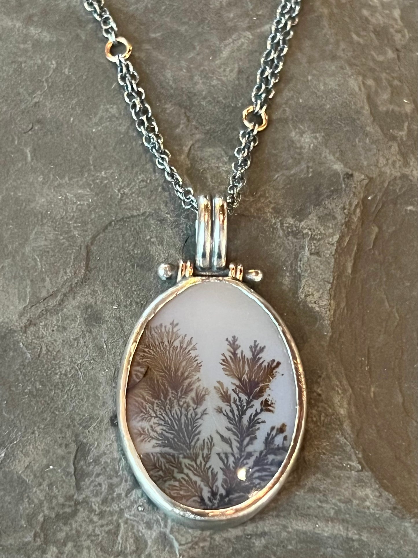 One of a Kind Dendritic Agate Hinged Sterling Silver Necklace with 14k Rose Gold Accents