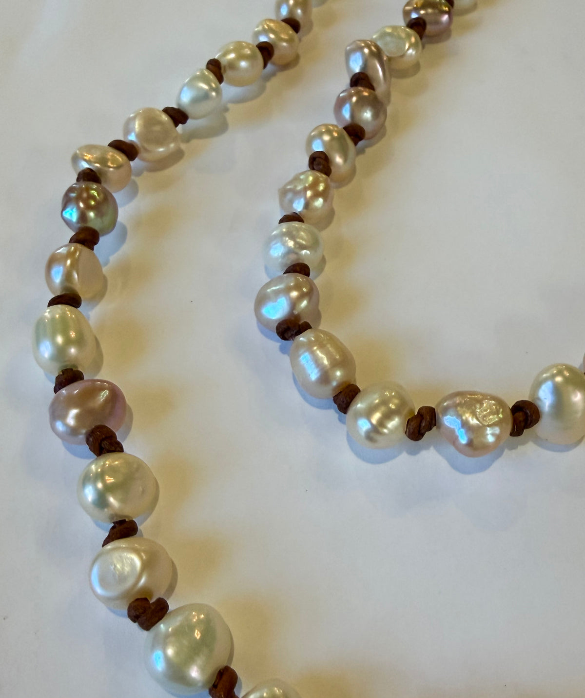 Freshwater High Luster Baroque Pearls Knotted on Leather Necklace 26”